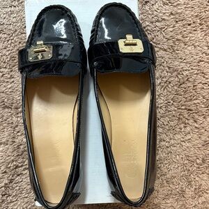 Cole Haan Black Patent Leather Loafers with Gold Accent